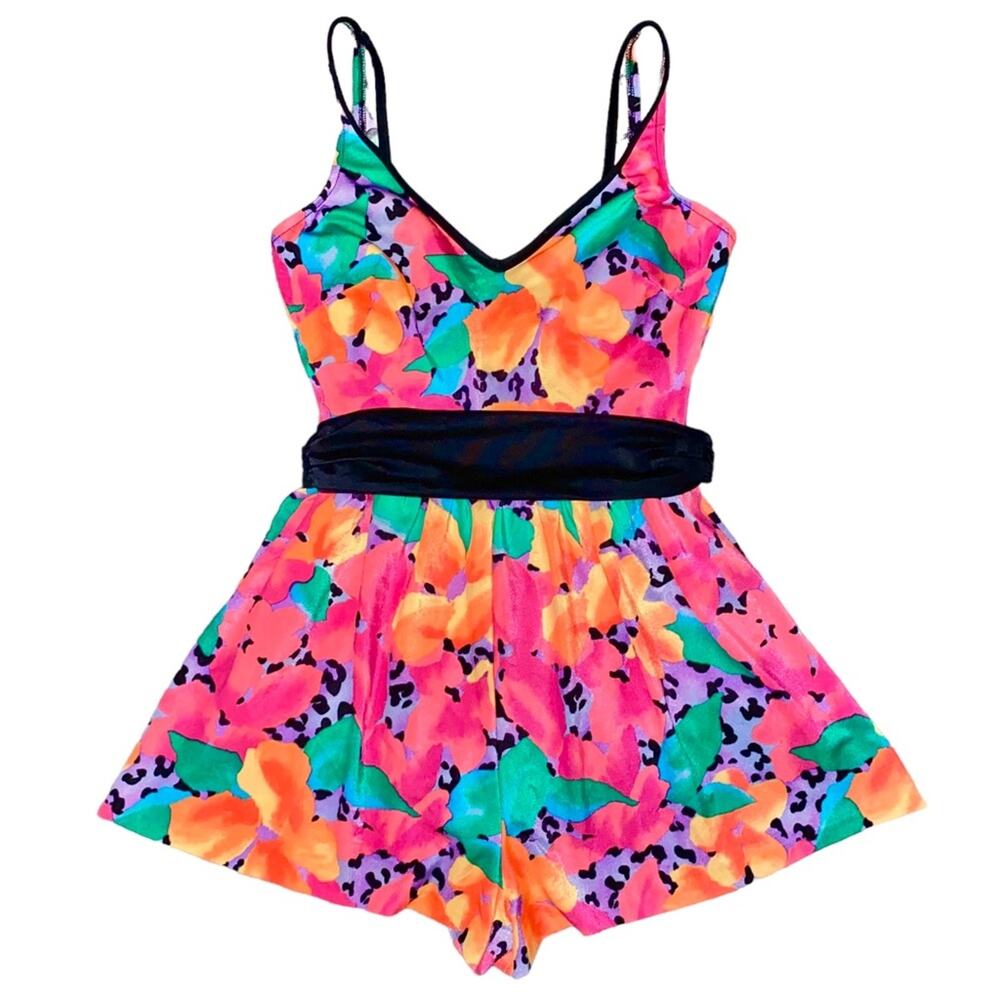 XL VTG Mainstream Neon Floral Print Low Back One Piece Romper Swimsuit Pockets
